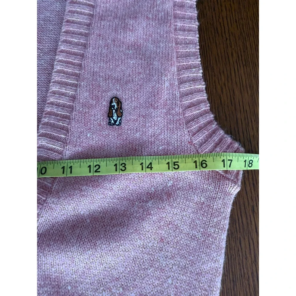 Hush Puppies Pink‎ Knit Button Up Sweater Vest Basset Hound Dog Patch Cardigan